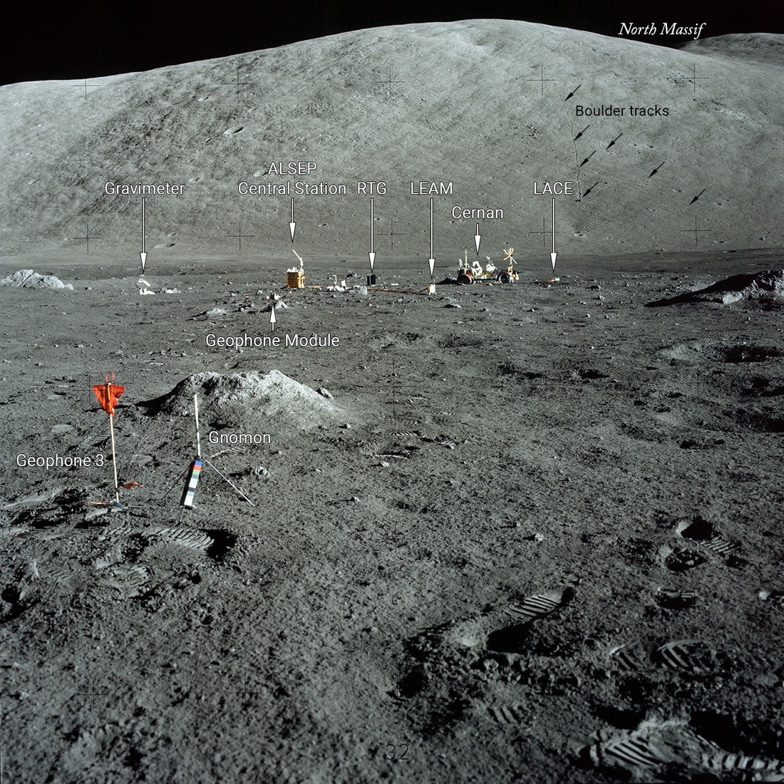 Apollo 17 handheld image AS17-147-22549 of the ALSEP station, Gene Cernan, and rover and surrounding hardware, including the ALSEP Central Station, Geophone Module, Gravimeter, RTG, LEAM, and LACE taken by Jack Schmitt from Geophone 3 looking North against the North Massif.