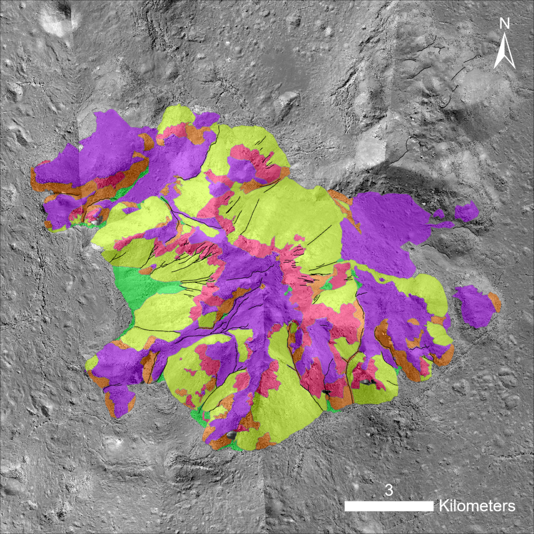 Image of a lunar crater central peak overlaid with bright colors denoting mapping units.  A purple unit occurs at the top of the peak, and overlies pink and orange units.  Black lines run down the flanks, which are composed of the yellow unit and some areas of green unit.